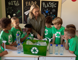 children in a classroom with recycling graphics