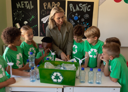 children in a classroom with recycling graphics