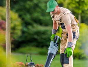 Gardener using a leaf blower to clear debris in a landscaped garden