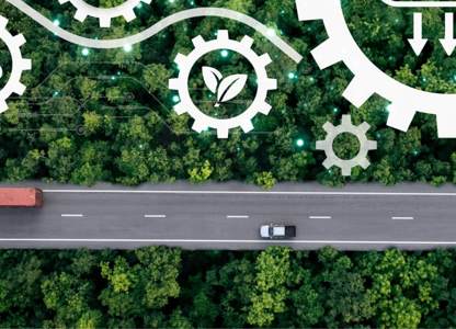 Road through a remote landscape with a technology graphic overlay